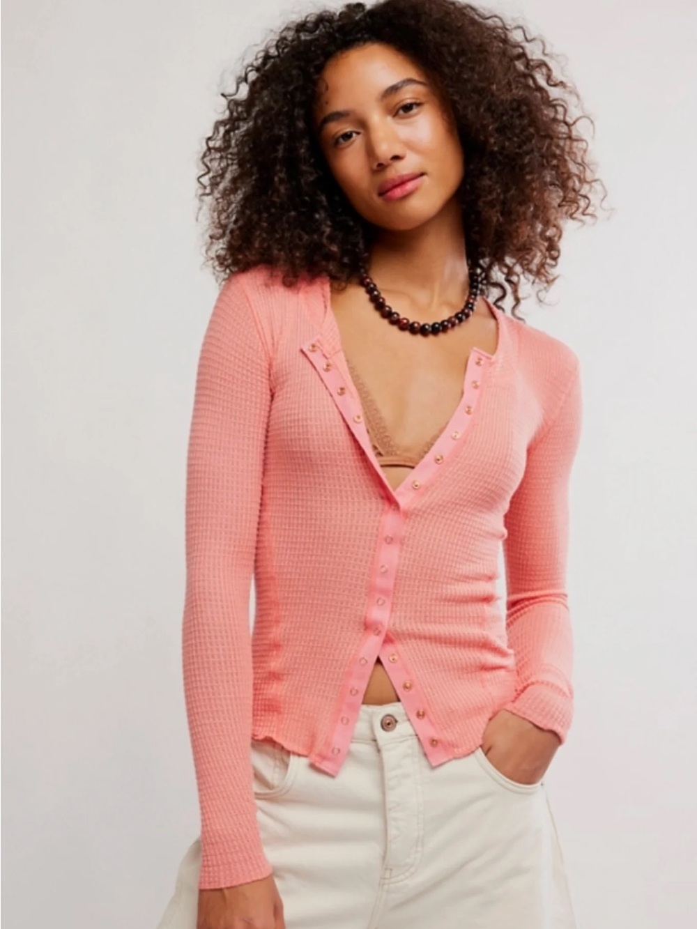 Free People Going Places Snap Front Henley Top Cardigan - Coral Crimson - Small